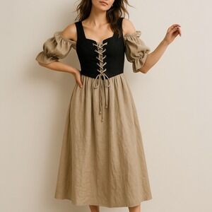 Elegant Black and Tan Midi Dress